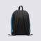 back view of blue nylon backpack with black accents and black and white Vans 'Off The Wall' skateboard patch