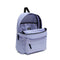 interior of lavender nylon backpack with black accents and black and white Vans 'Off The Wall' skateboard patch