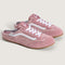 pink suede mules with white iconic vans stripe