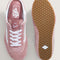 top and bottom view of pink suede mules with white iconic vans stripe