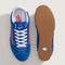 top and bottom view of bright blue super low pro with white and red accents and white laces