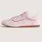 side view of light pink and bubble gum pink super low pro sneaker with checkerboard laces