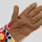 underside of light blue arm saver gardening gloves with colorful floral print and brown textured design with matching buckle around the wrist
