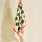 hanging of cream tea towel with all over olive print and red border