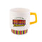 double sided white retro diner mug with 'i survived the emotional rollercoaster' with rainbow stripe base and yellow handle