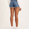 backview of model wearing high rise raw hem denim shorts