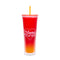 24 oz color changing tumbler with red and orange ground (when changed) and white 'happy to be here' on the front
