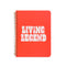 mini rough draft notebook with red cover and light pink and white 'living legend' across the front