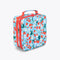 side view of nylon lunch bag in blue strawberry floral pattern with red details