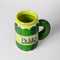 top view of green pickle jar ceramic mug with pickle crunchy dill label and pickle handle