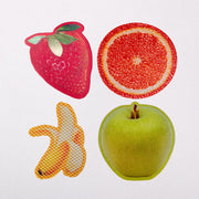 Sheet of sensory stickers with photorealistic fruit designs, including strawberry, banana, orange, and apple, with raised textures,
