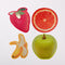 Sheet of sensory stickers with photorealistic fruit designs, including strawberry, banana, orange, and apple, with raised textures,