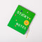 green sticky note folio with white 'sticky notes' on the front with colorful shaped and gold string closure