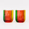 reverse side of set of two low ball glass set with four colors sections: pink, green, orange and red