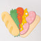 two pieces of bread, lettuce, tomato, cheese, and mortadella bookmarks