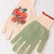 cream gardening gloves with tomato bunches and red trim and green grips on the underside