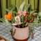 set of 4 plant stakes: orange heart, pink cowboy boot, brown horseshoe, and pink bow