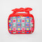 clear bag with red trim and bow handle with colorful quilt print