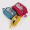 set of 3 3D zip set: yellow, teal and red with items inside