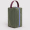 caper green dopp kit with plum handle and periwinkle zipper trim