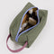 interior of caper green dopp kit with plum handle and periwinkle zipper trim