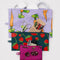 set of three flat pouch set: small cherries, medium strawberries, large carrots with items inside