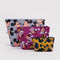 set of 3 go pouch set: black small pouch with pluto print, raspberry medium pouch with minnie, and periwinkle large pouch with mickey head