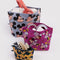 set of 3 go pouch set: black small pouch with pluto print, raspberry medium pouch with minnie, and periwinkle large pouch with mickey head with items inside