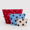 set of 3 polka dot go pouch set: cream with black dots, blue with dark blue dots and red with bright red dots