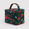 dark green cosmetic case with all over strawberry print