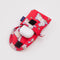 red puffy earbud case with lamb print with earbuds inside