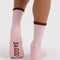 back view of pink crew socks with burgundy trim
