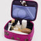 deep fuchsia small cosmetic bag with cherry print with items inside