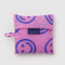 packaged pink standard baggu with blue smiley print