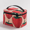 baggu puffy lunch bag with pink ground and all over strawberry print