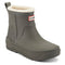 front view of green short rubber rain boots with cream insulated interiors