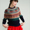 side view of model wearing navy sweater with colorful fair isle print on the top half