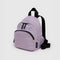 dusty pink mini backpack with black straps and trim