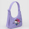 side view of lavender mini nylon shoulder bag with embroidered hello kitty and my melody holding hands