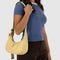 model carrying straw recycled leather small crescent bag with matching adjustable strap