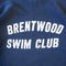 up close of navy sweatshirt with white 'BRENTWOOD SWIM CLUB' across the front