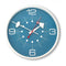 blue wall clock with white trim, numbers, and has retro 50's white and red hands