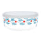 glass storage bowl with white lid and orange leaf red and blue flower design