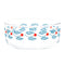 side view of glass storage bowl with orange leaf red and blue flower design