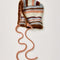 light blue, peach, brown and white stripe bonnet hat with tie straps