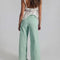 back view of model wearing mint wide leg jeans