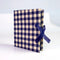 blue and cream gingham fabric folio frame with blue velvet ribbon