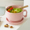 pink reusable bento box with foldable reusable soup with salad inside