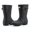 short black rubber rain boots with silver buckles on the side and hunter logo on the front