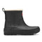 side view of black short rubber rain boots with cream insulated interiors